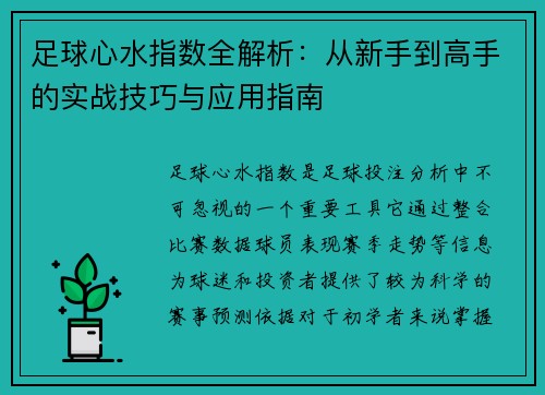 足球心水指数全解析：从新手到高手的实战技巧与应用指南